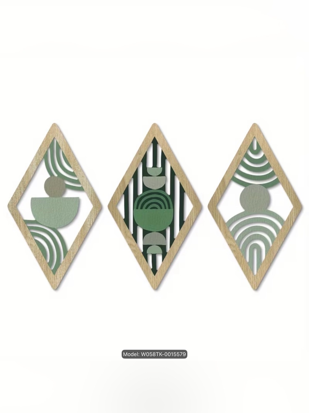 Modern Geometric Wall Art Trio in Green and Natural Wood